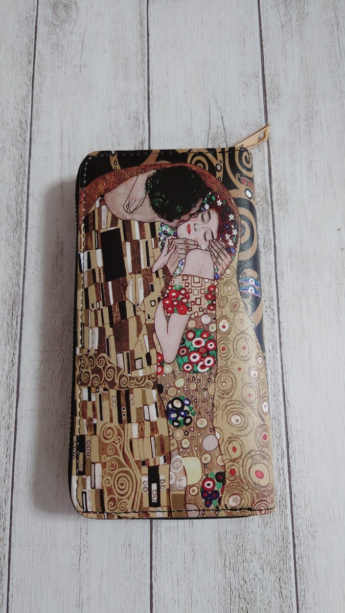 名画 長財布 クリムト 接吻 男女兼用 ラウンドファスナー 財布 アート_画像1