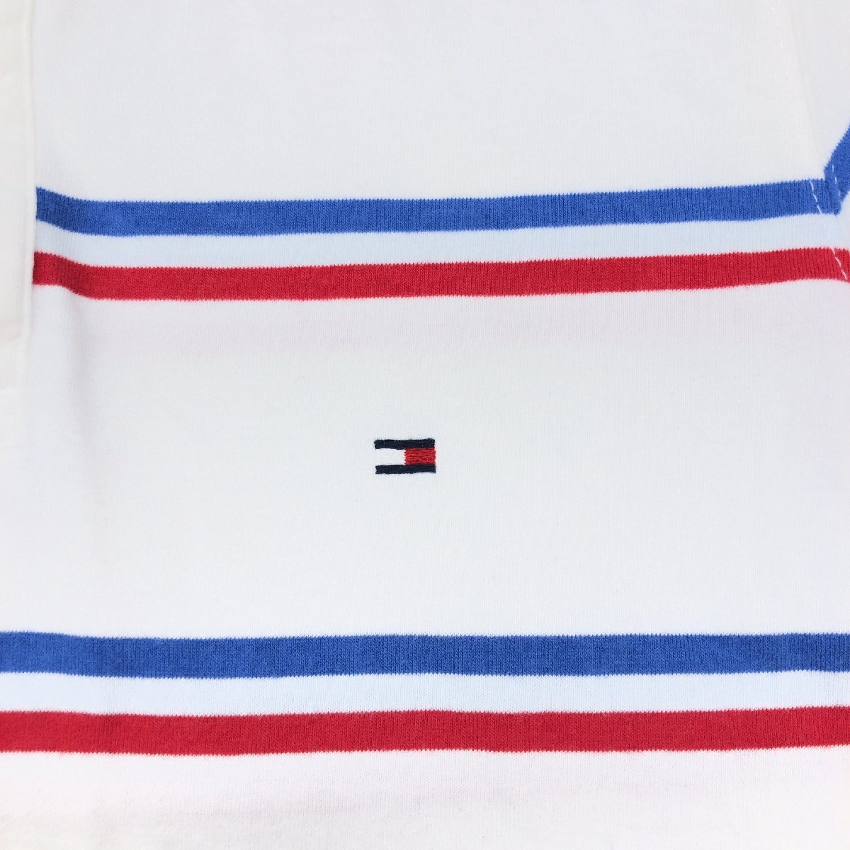 TOMMY HILFIGER トミーヒルフィガー ロゴワッペン レイヤード風(fēng) ボーダー ポロシャツ S 白 ホワイト 半袖 コットン Tシャツ メンズ 紳士