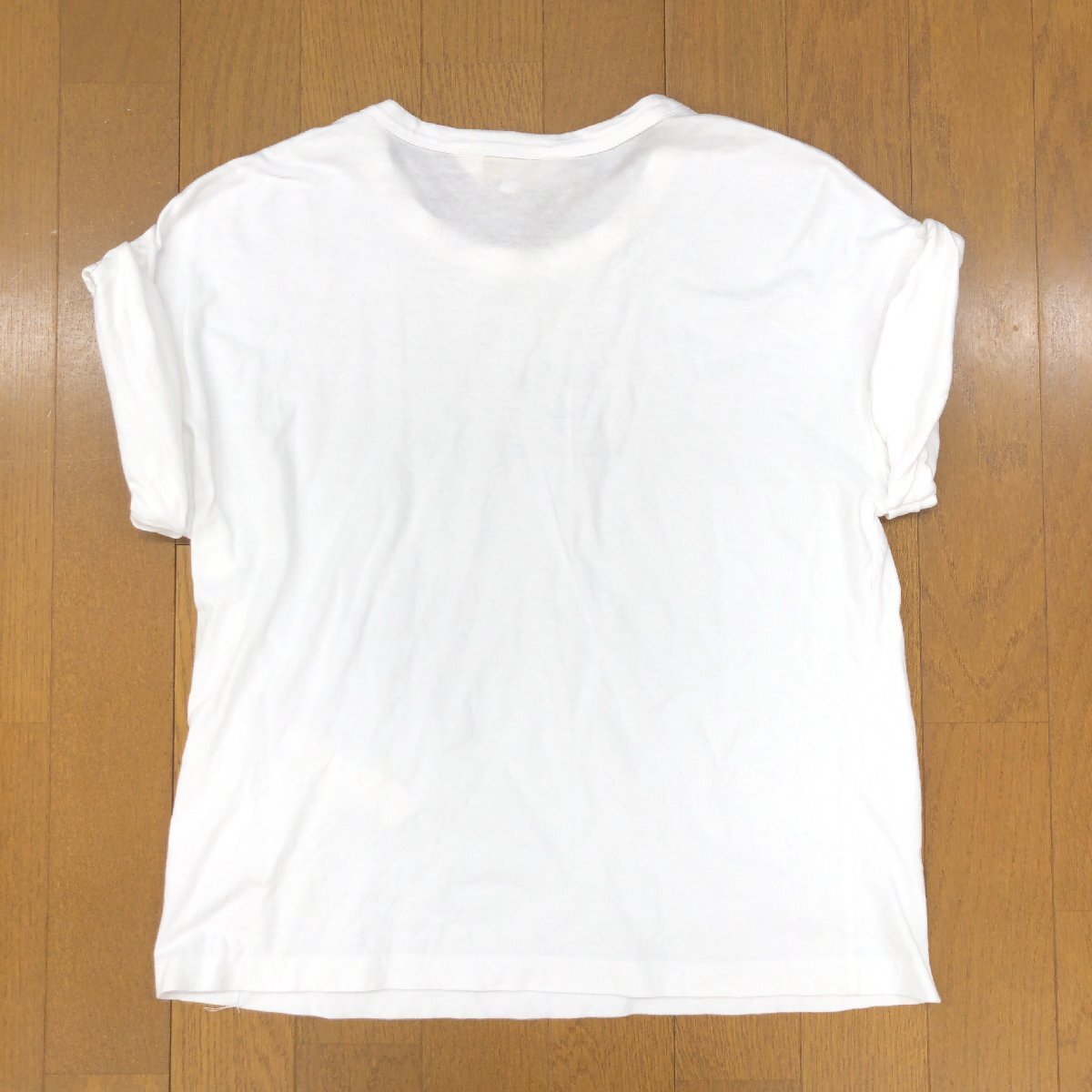 To b by agnes b. アニエスベー コットン100% バンドスリーブ ロゴプリント Tシャツ 38(M) 白 ホワイト 日本製 カットソー 半袖 レディース_画像2