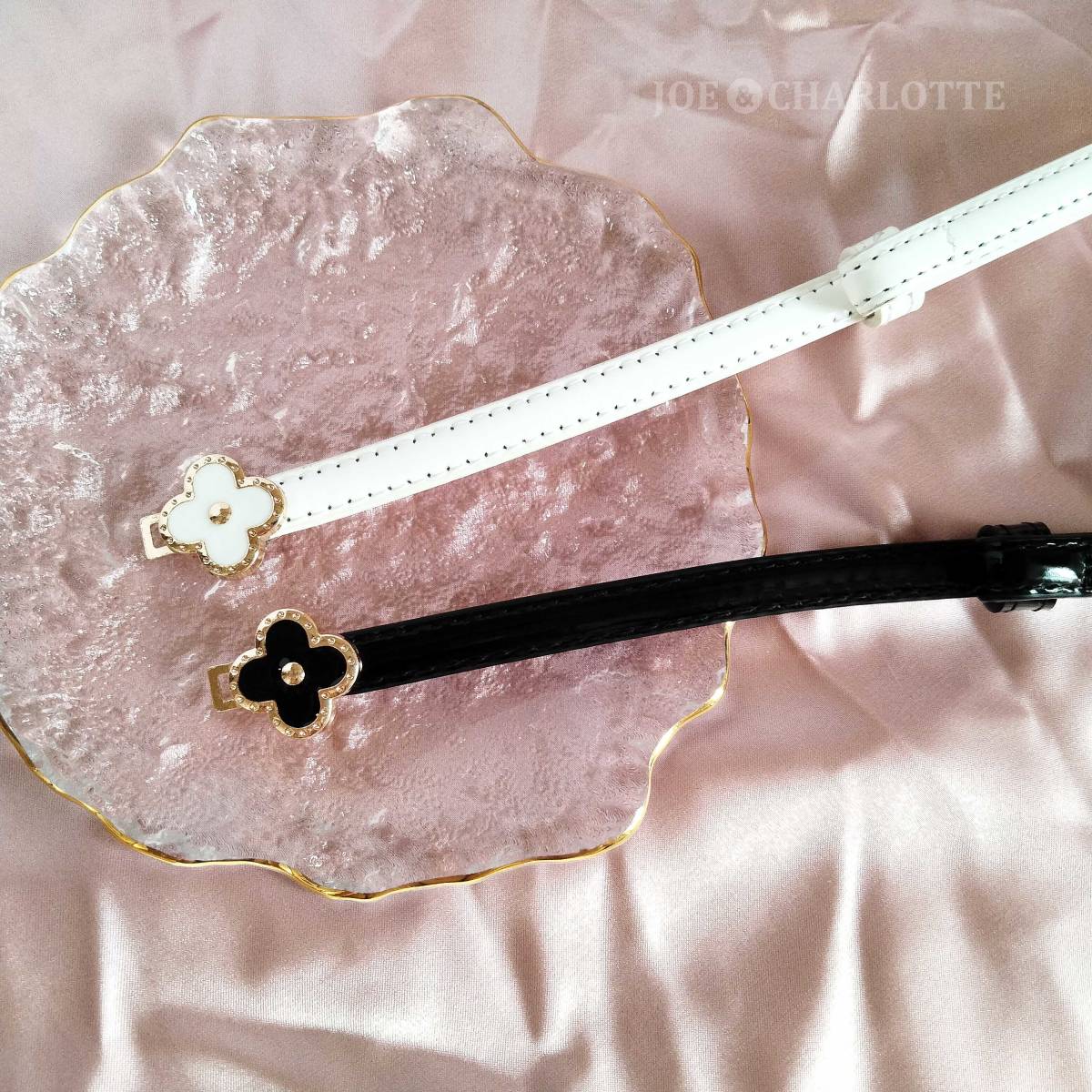 【白】クローバーバックル エナメル素材 1cm PU レザー細 アクセントベルト _画像8