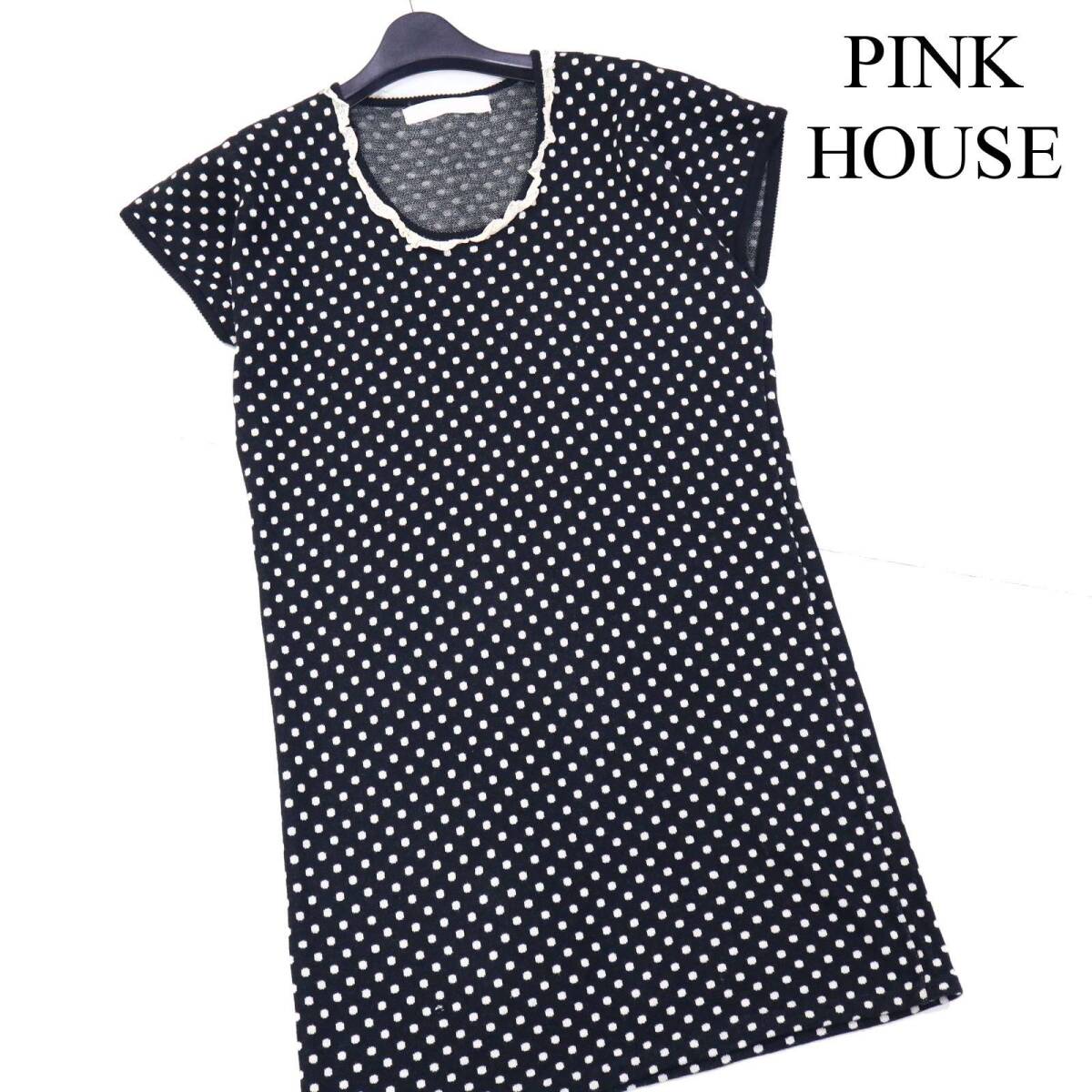 PINK HOUSE ピンクハウス 襟レース♪ 半袖 ドット柄 ニット チュニック カットソー Sz.F レディース 黒_画像1