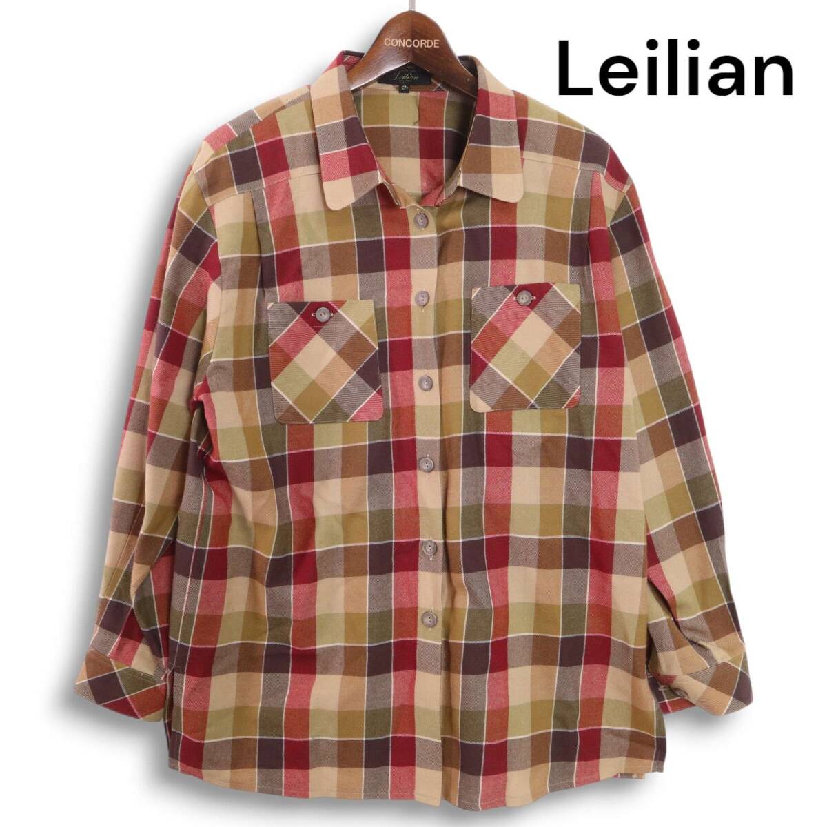 【美品】Leilian レリアン プラスハウス★ 秋冬 ウール100% 長袖 チェック ワーク シャツ Sz.13+ レディース 大きいサイズ_画像1