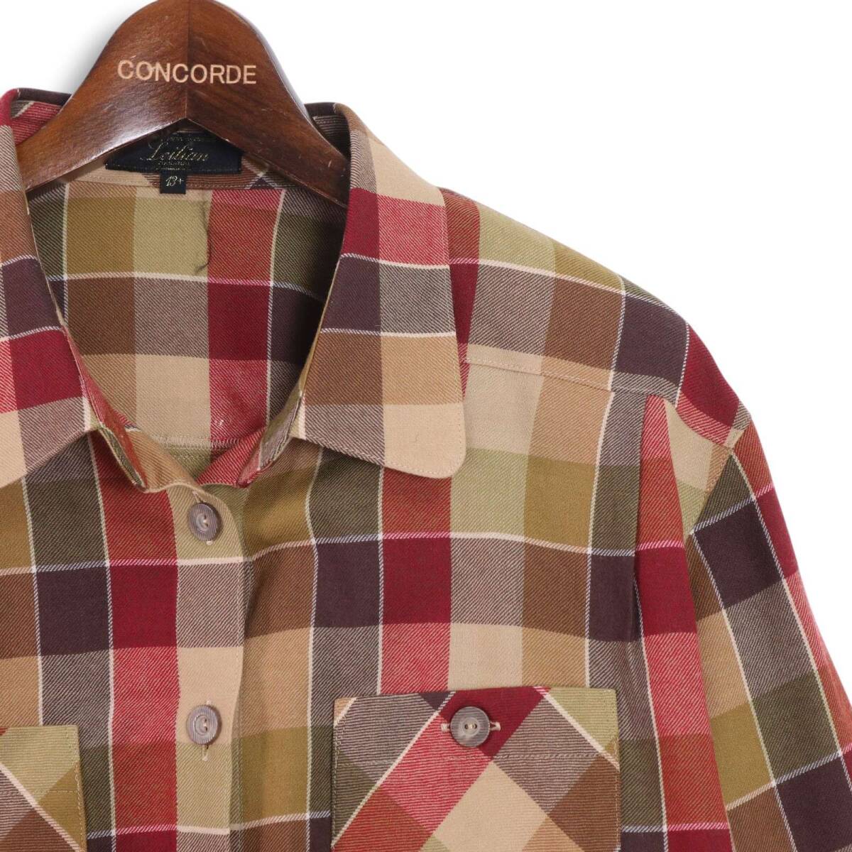 【美品】Leilian レリアン プラスハウス★ 秋冬 ウール100% 長袖 チェック ワーク シャツ Sz.13+ レディース 大きいサイズ_画像2