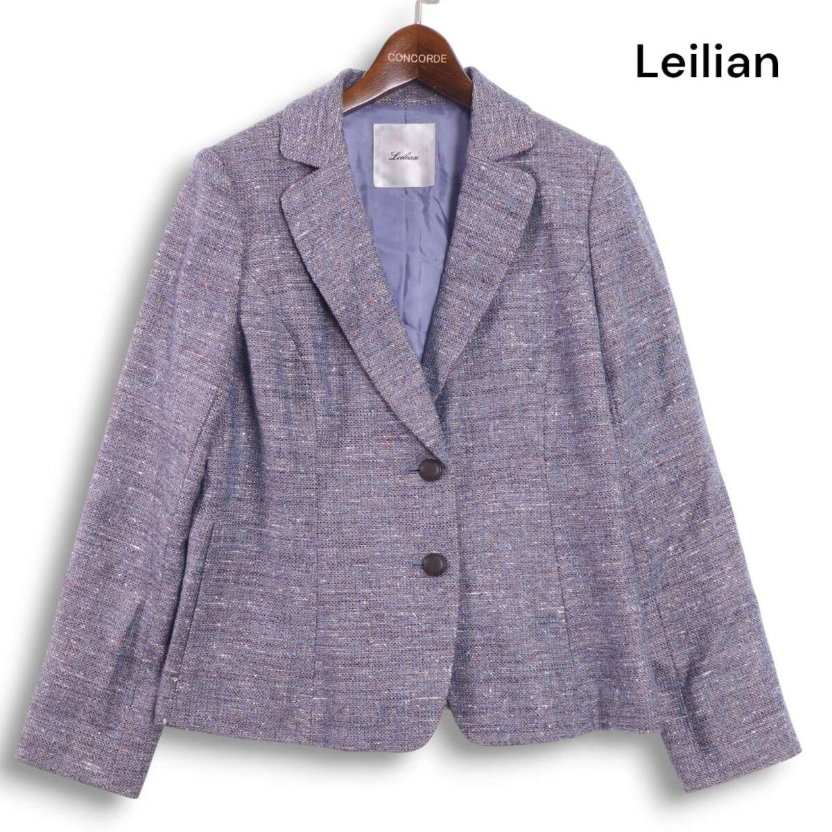 Leilian レリアン 秋冬★ F.LLI CERRUTI シルク ウール ツイード テーラード ジャケット Sz.9 レディース ネイビー 日本製_画像1