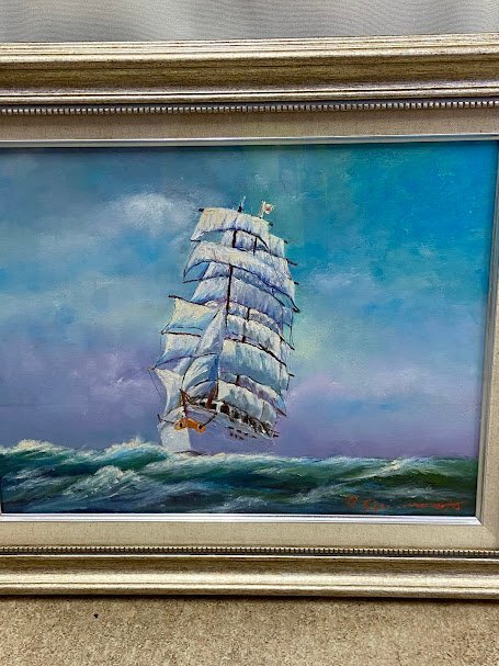 真作　島本良平「風よ波よ　日本丸」油彩　直筆サイン　６号　帆船　送料無料！