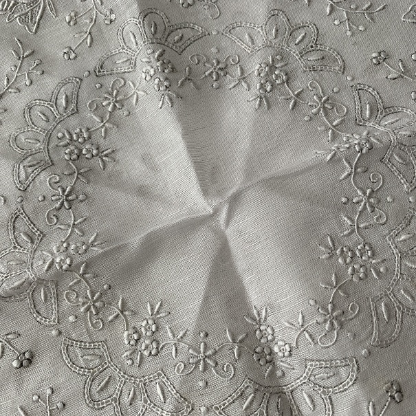 未使用 スワトウ ハンカチ 汕頭 手刺繍 SWATOW 白 ホワイト フラワー 花 冠婚葬祭 ブルーミング中西_画像5