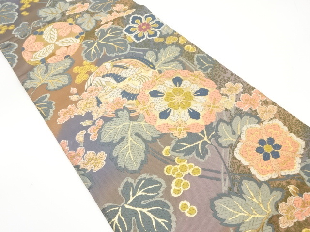 袋帯 六通 花模様 華紋 鳳凰 花 着物 帯 008k 美品 御薗織物製 尾長鳥に華紋・葡萄・桜模様織り出し 袋帯