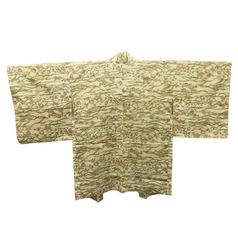 中古 羽織 ポリエステル 薄黄色 緑色 草木柄 おしゃれ 和装 呉服 和服 きもの レディース 女性_画像9