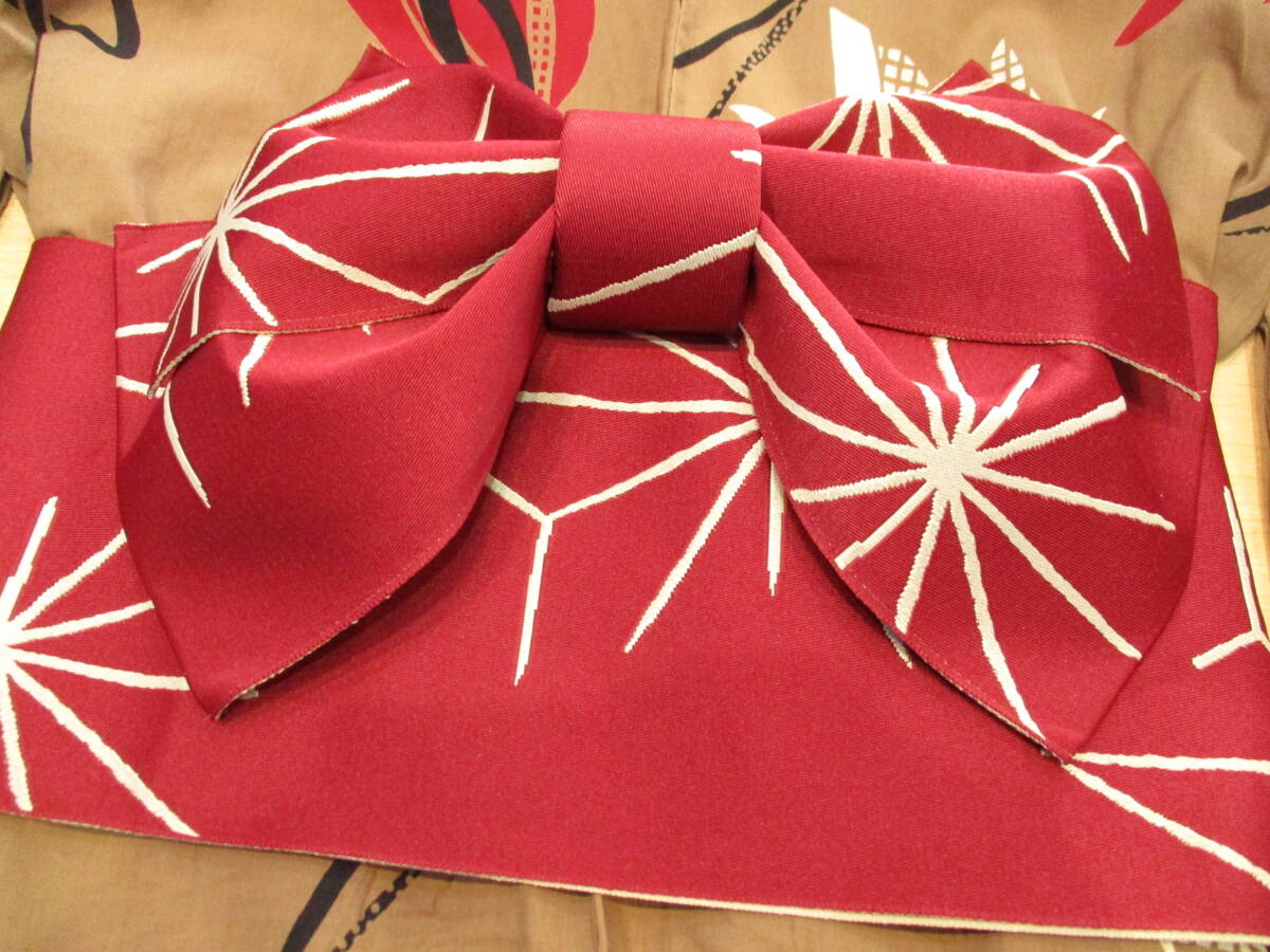 浴衣 帯セット　ゆかた　ゆかた帯　作り帯　ワンタッチ帯　ベージュ系　チューリップ柄　レッド系　おまとめ2点　USED品　箱無し_画像7