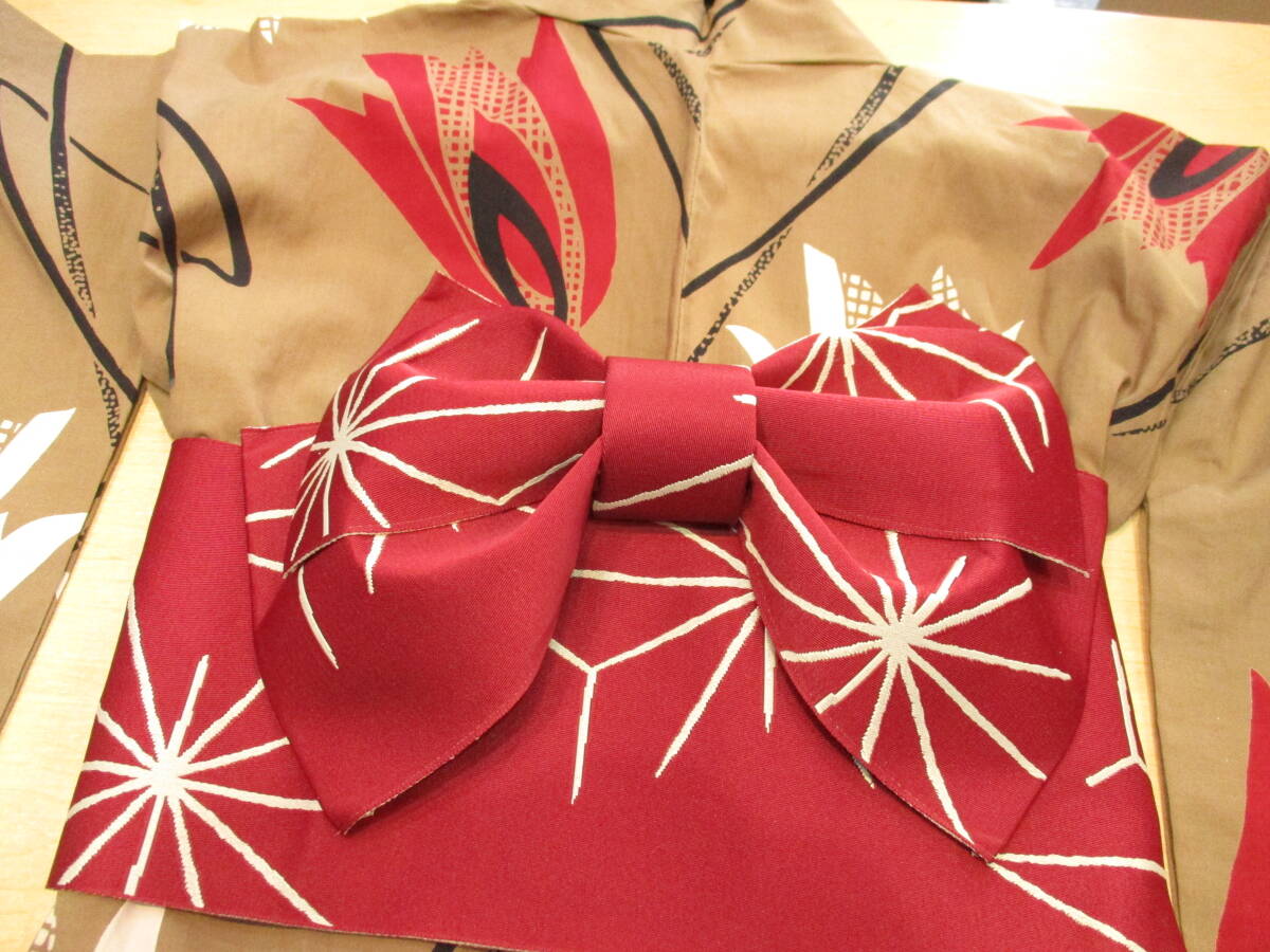 浴衣 帯セット　ゆかた　ゆかた帯　作り帯　ワンタッチ帯　ベージュ系　チューリップ柄　レッド系　おまとめ2点　USED品　箱無し_画像6