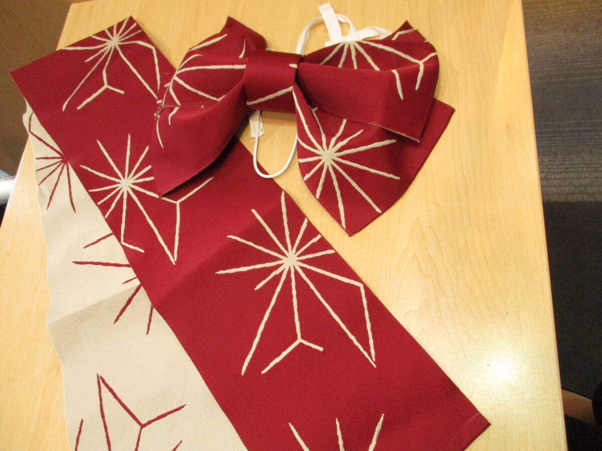 浴衣 帯セット　ゆかた　ゆかた帯　作り帯　ワンタッチ帯　ベージュ系　チューリップ柄　レッド系　おまとめ2点　USED品　箱無し_画像8