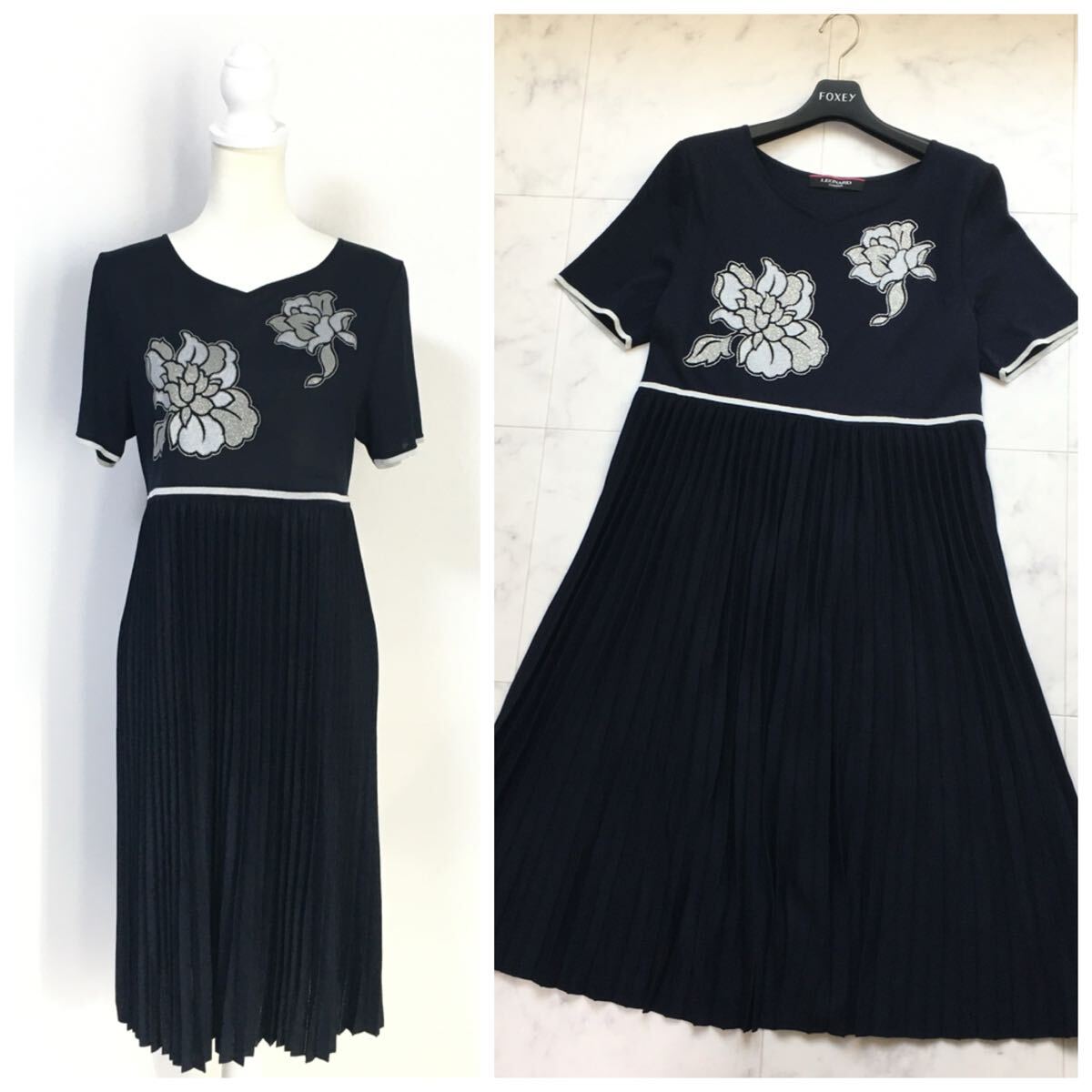 新品同様　LEONARD レオナール　シルク　ニット　プリーツ　ワンピース　42 新品同様 LEONARD レオナール シルク ニット プリーツ