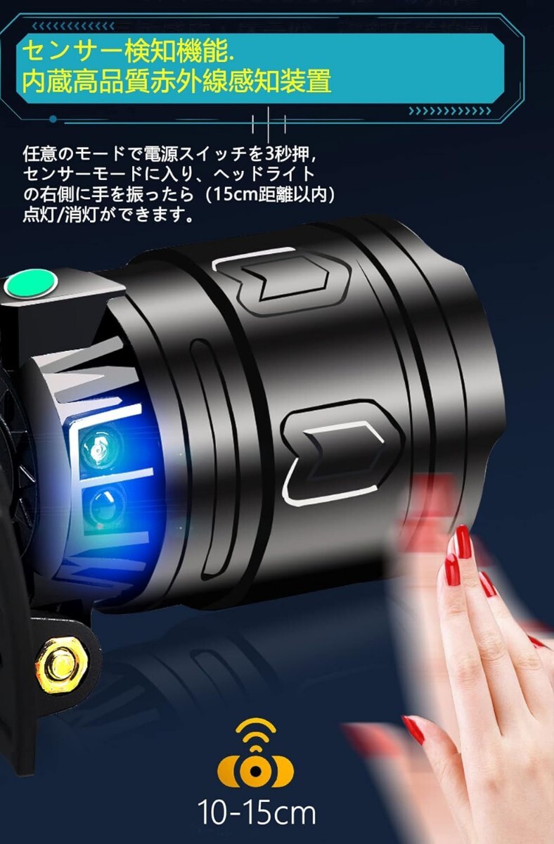 LED ヘッドライト CREE XHP190 1100000ルーメン USB Type-C 充電式 人感センサー機(jī)能 ヘッドランプ 5點(diǎn)燈モード ヘルメット ライト 