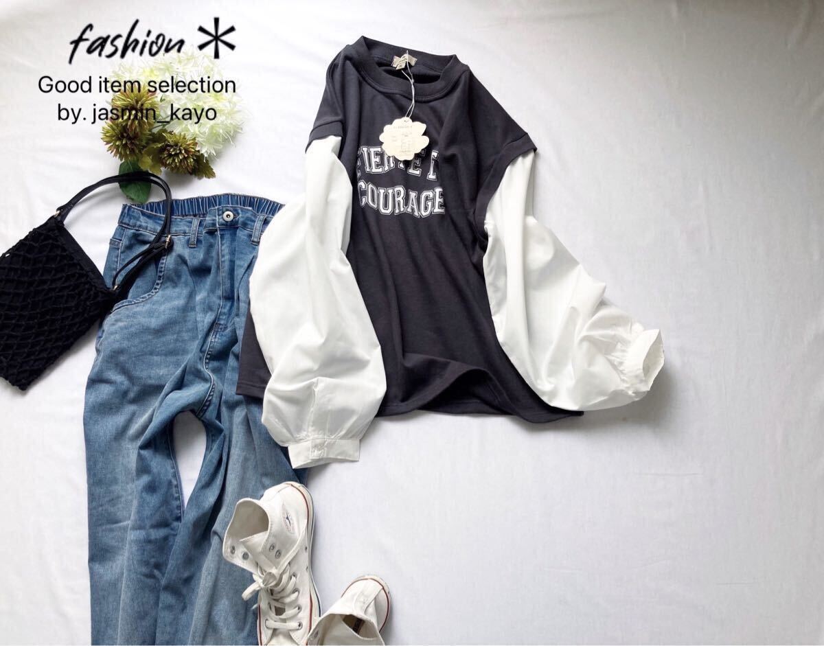 ◆新品３Ｌ～LL/4Lゆったり着たいL◆スウェットカットソー×程よい張り感きれい布帛*異素材ロゴ入りtops*チャコール×オフホワイト_画像7