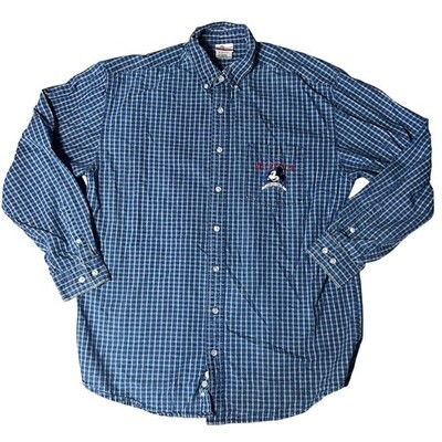 ヴィンテージ Disney Mickey Mouse Embroidered plaid 青 and white men shirt size med 海外 即決