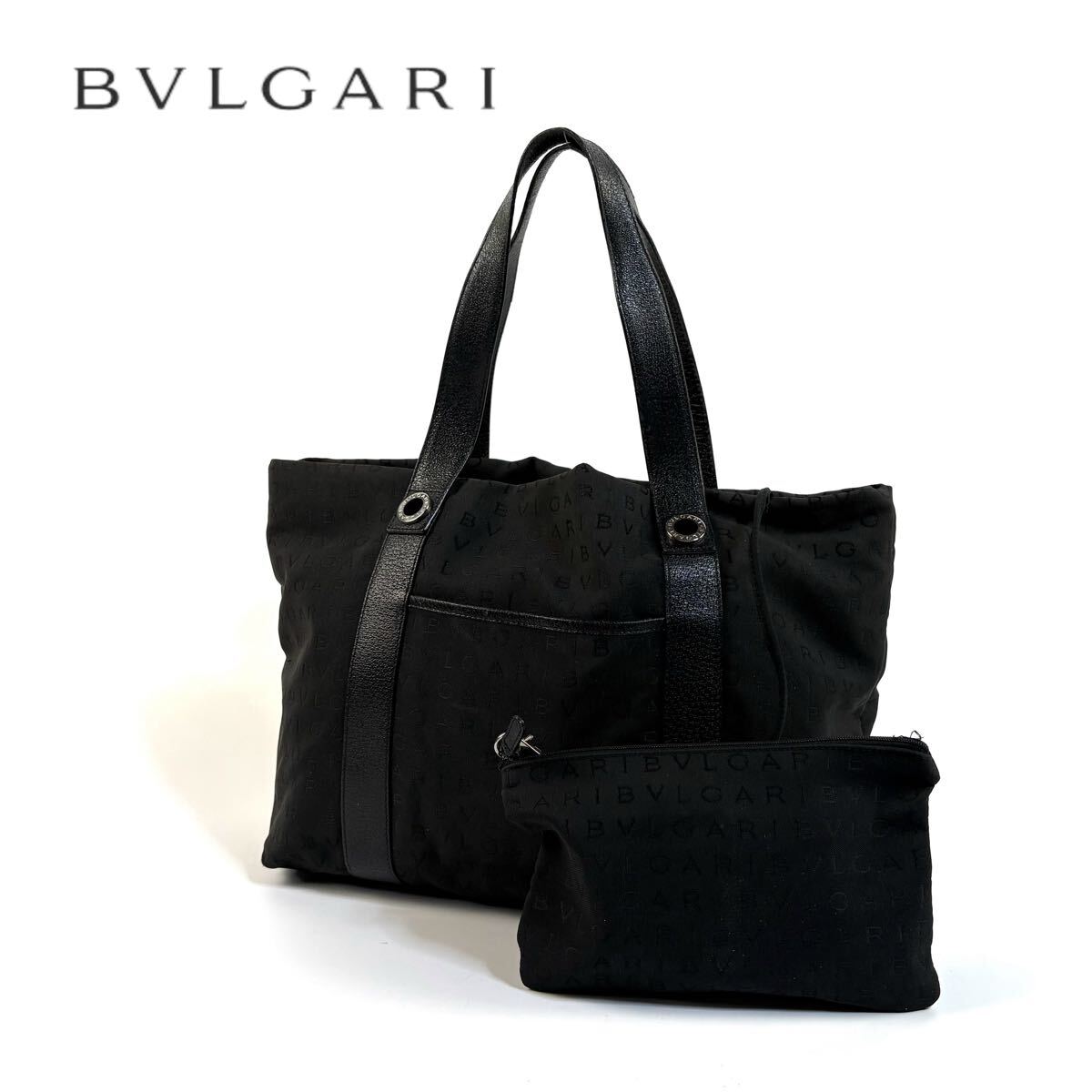 美品 ブルガリ キャンバス レザー トートバッグ ロゴマニア 総柄 ブラック 黒 美品】BVLGARI ブルガリ キャンバス レザー ロゴマニア トート