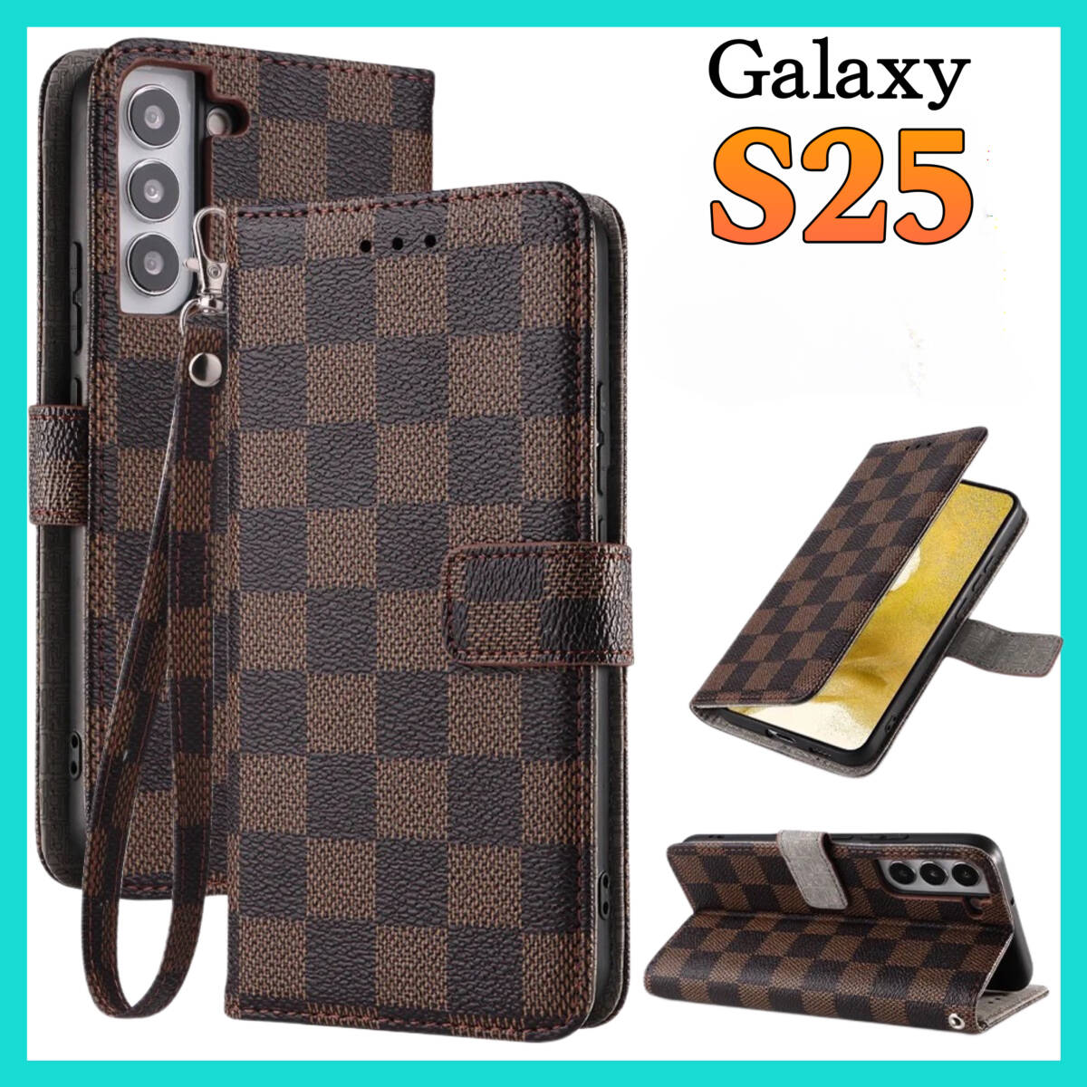 新入荷　SamSung Galaxy S25ケース 手帳型カード　収納カバー 茶ブラウン　お洒落　市松模様　格子柄　定期入れ　チェック柄　高級レザー_画像1