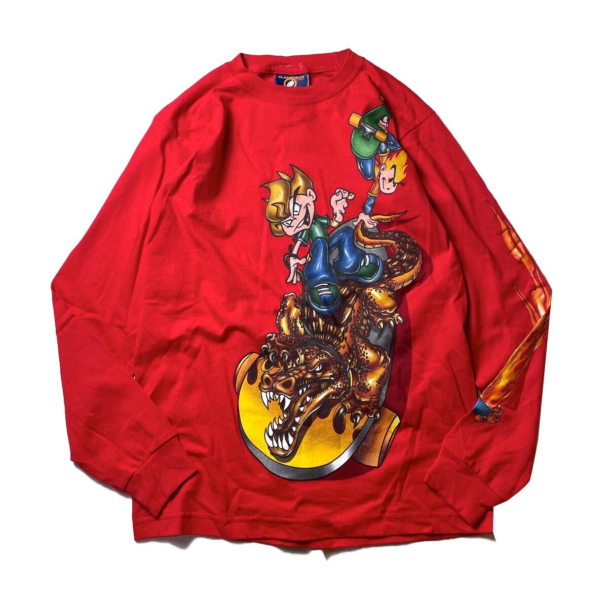 激レア! 90s USA製 FLAMEHEAD ヴィンテージ オールドスケート キャラクター プリント ファイヤー 袖プリ 長袖 Tシャツ ロンT L メンズ 古着_画像1