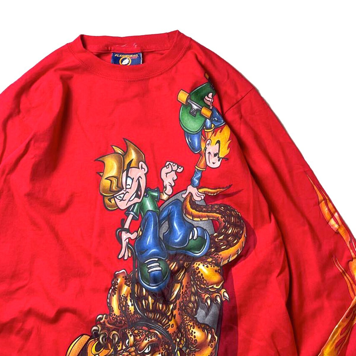 激レア! 90s USA製 FLAMEHEAD ヴィンテージ オールドスケート キャラクター プリント ファイヤー 袖プリ 長袖 Tシャツ ロンT L メンズ 古着_画像3