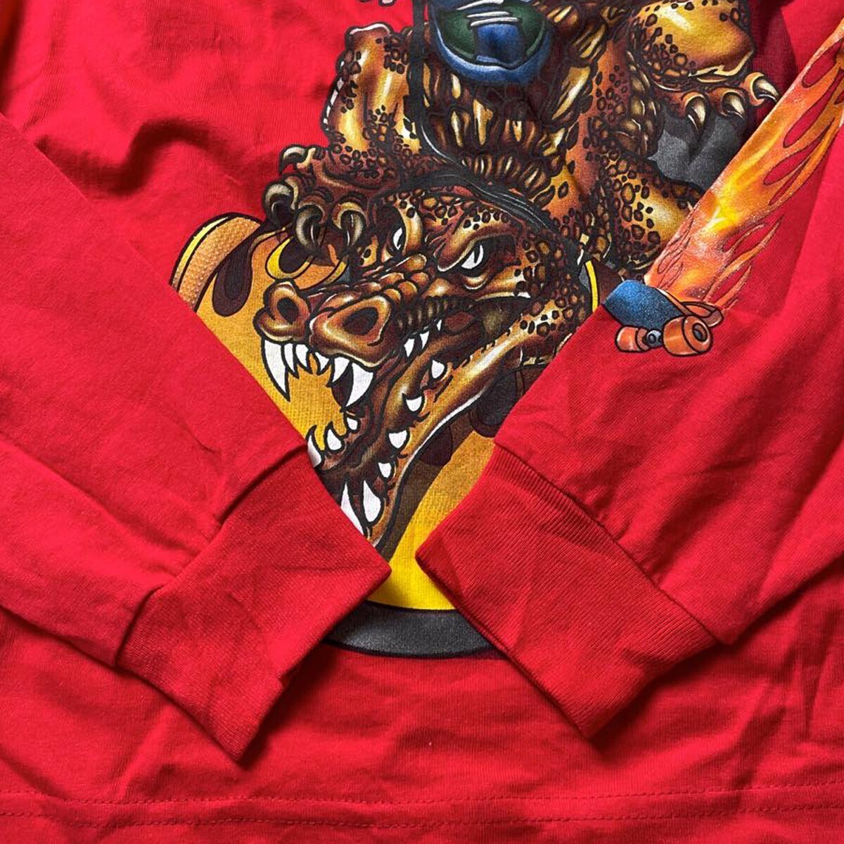 激レア! 90s USA製 FLAMEHEAD ヴィンテージ オールドスケート キャラクター プリント ファイヤー 袖プリ 長袖 Tシャツ ロンT L メンズ 古着_画像4