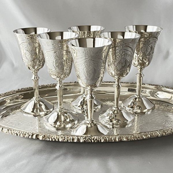 【英国】シェリー / リキュールゴブレット 6個組 【シルバープレート】美麗！！ 英国】シェリー / リキュールゴブレット 6個組 【シルバー