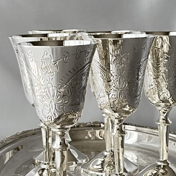 【英国】シェリー / リキュールゴブレット 6個組 【シルバープレート】美麗！！ 英国】シェリー / リキュールゴブレット 6個組 【シルバー