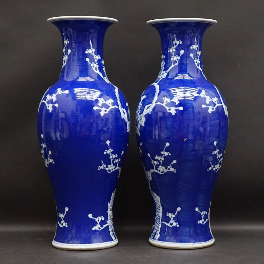 中国美術 中国古玩 景徳鎮銘 染付花図文 特大 対 2