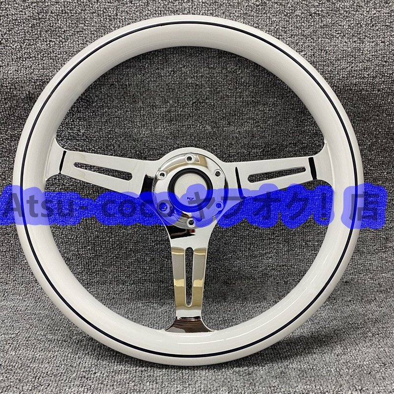 新品 品質保証 ウッドステアリング レーシングステアリングホイール 14インチ350mm レトロ クロームホワイト 木製ハンドル ウッドカラー 1p_画像1