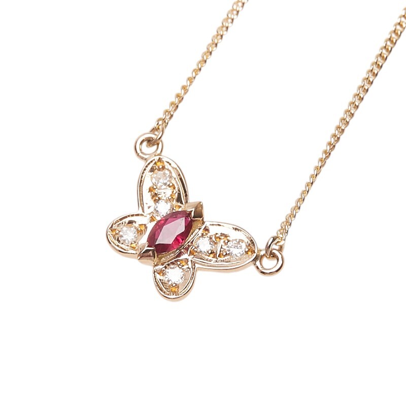 K18YG イエローゴールド ルビー ダイヤ 蝶 バタフライ モチーフ ネックレス レディース 中古