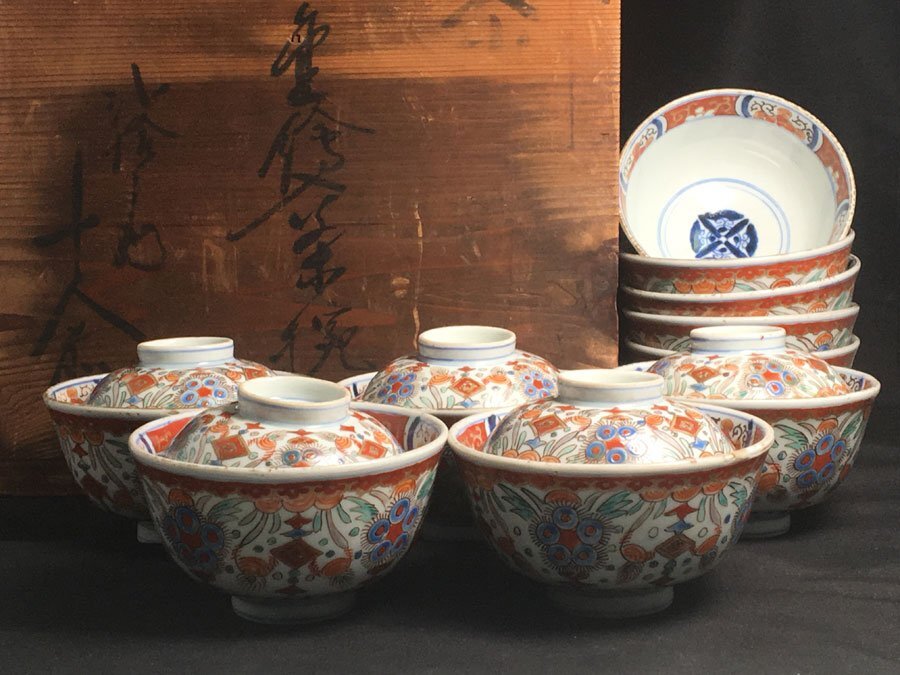 幕末 錦染 富貴長春 蓋つき茶碗 5人前 古伊万里 染錦金彩 蓋付茶碗 錦手蓋茶碗 10客セット (蓋5客のみ