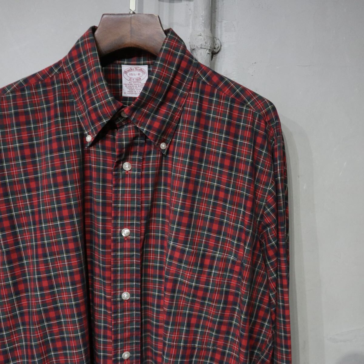 【即決】brooks brothers ブルックスブラザーズ B.D ボタンダウンシャツ レッド 赤 チェック柄 USA アメリカ製 古着 15 1/2-R_画像1