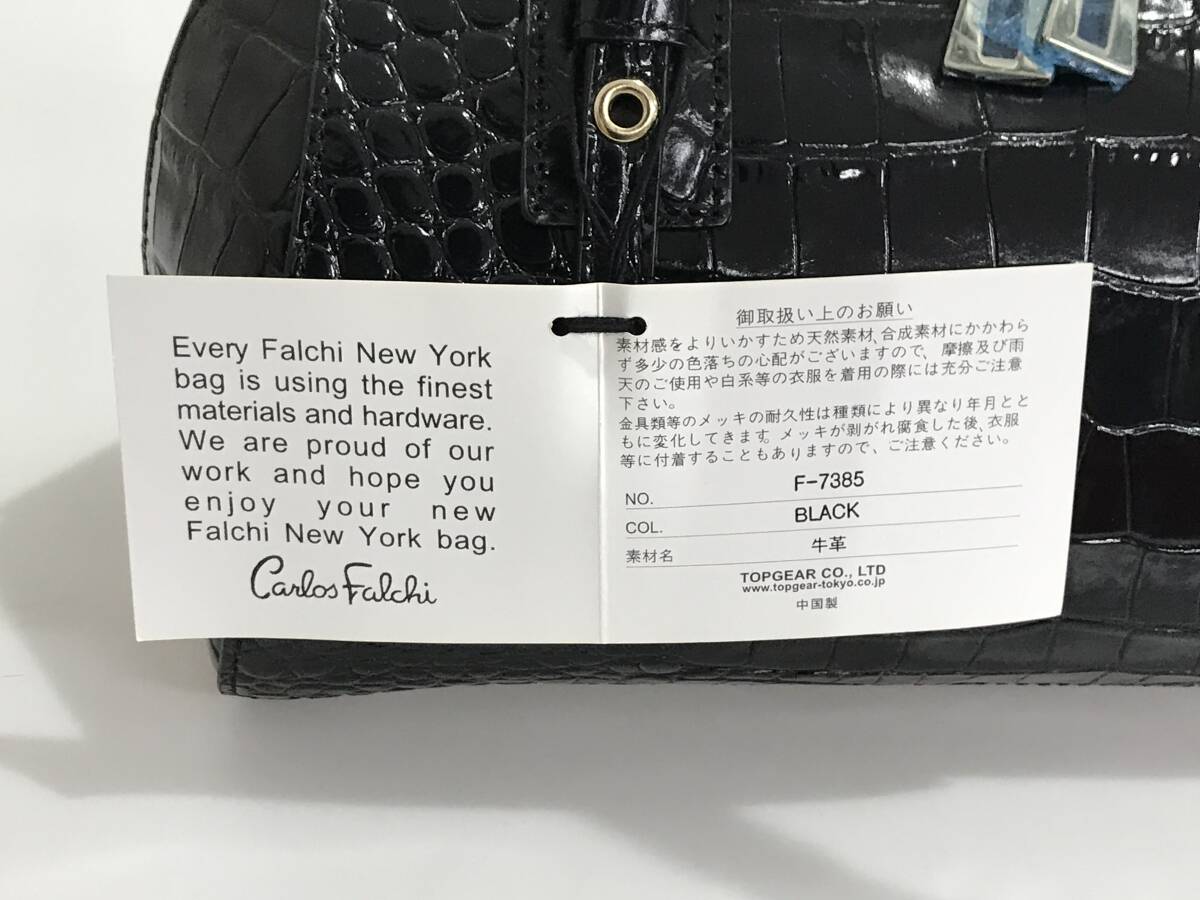 HG8508 Falchi New York クロコ型押し ハンドバッグ ミニボストン ミドルショルダー レザー 牛革 ブラック ファルチニューヨーク タグ付き_画像10