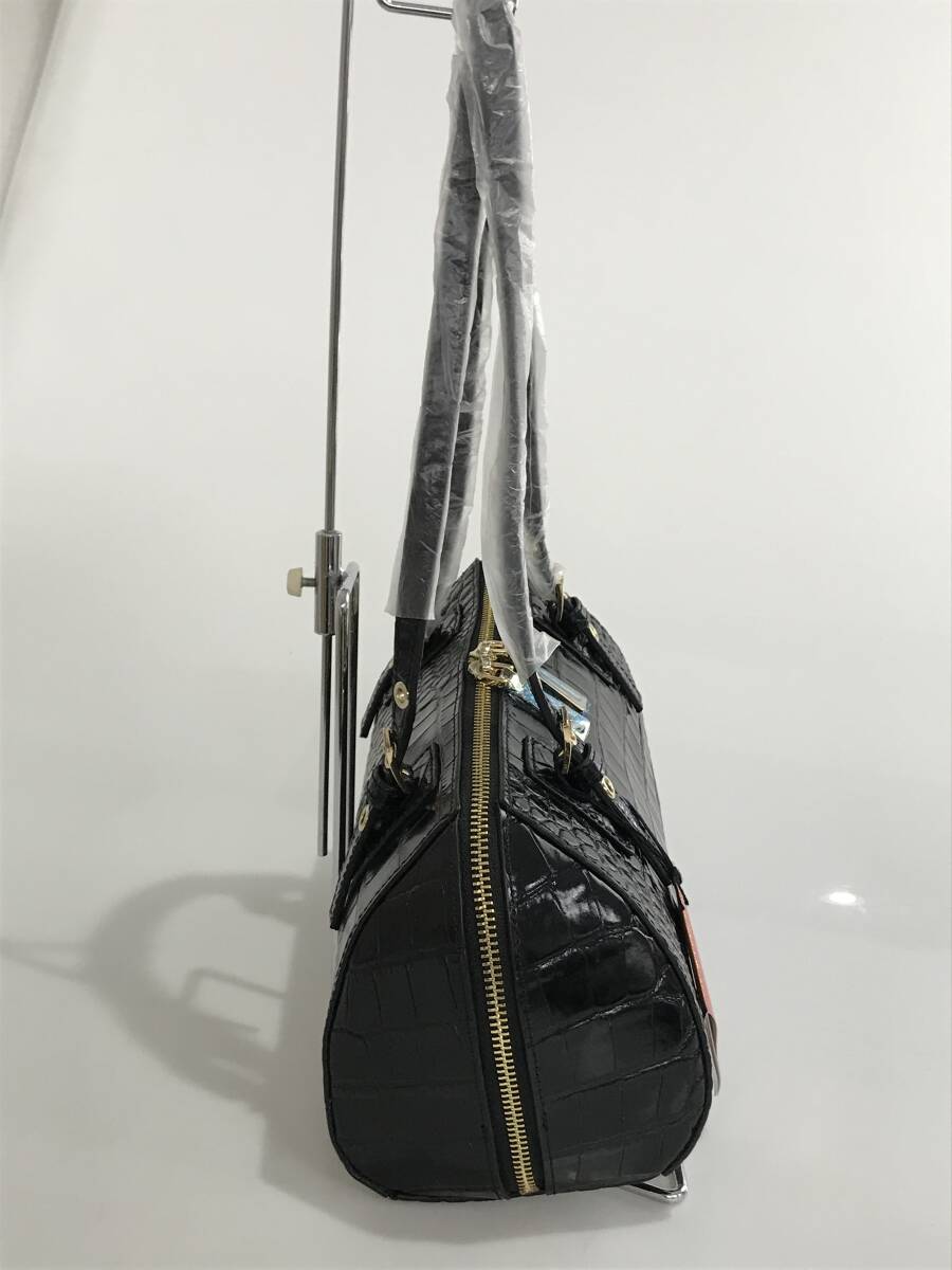 HG8508 Falchi New York クロコ型押し ハンドバッグ ミニボストン ミドルショルダー レザー 牛革 ブラック ファルチニューヨーク タグ付き_画像3