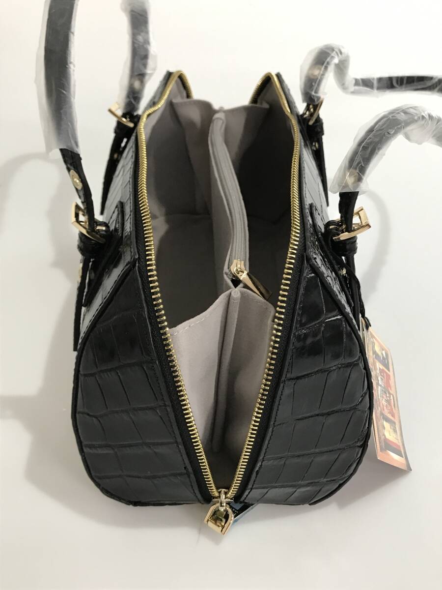HG8508 Falchi New York クロコ型押し ハンドバッグ ミニボストン ミドルショルダー レザー 牛革 ブラック ファルチニューヨーク タグ付き_画像6