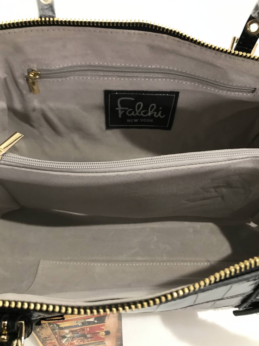 HG8508 Falchi New York クロコ型押し ハンドバッグ ミニボストン ミドルショルダー レザー 牛革 ブラック ファルチニューヨーク タグ付き_画像7