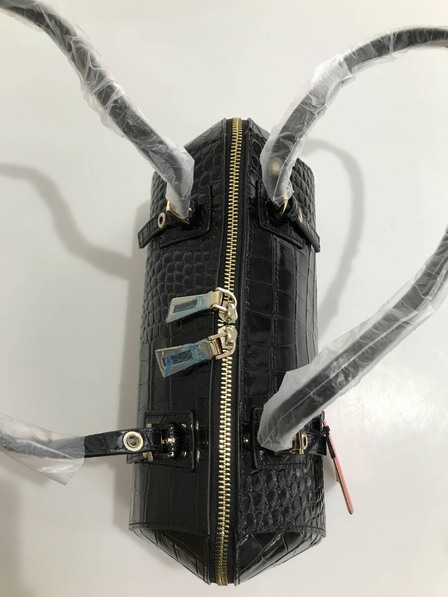 HG8508 Falchi New York クロコ型押し ハンドバッグ ミニボストン ミドルショルダー レザー 牛革 ブラック ファルチニューヨーク タグ付き_画像5