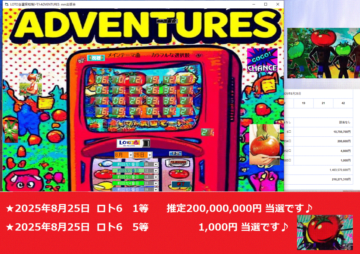 　新作ロト予想ソフト　[LOTO當選探知機トマトADVENTURES]　★2025年8月25日 ロト6　1等　推定200,000,000円 當選,