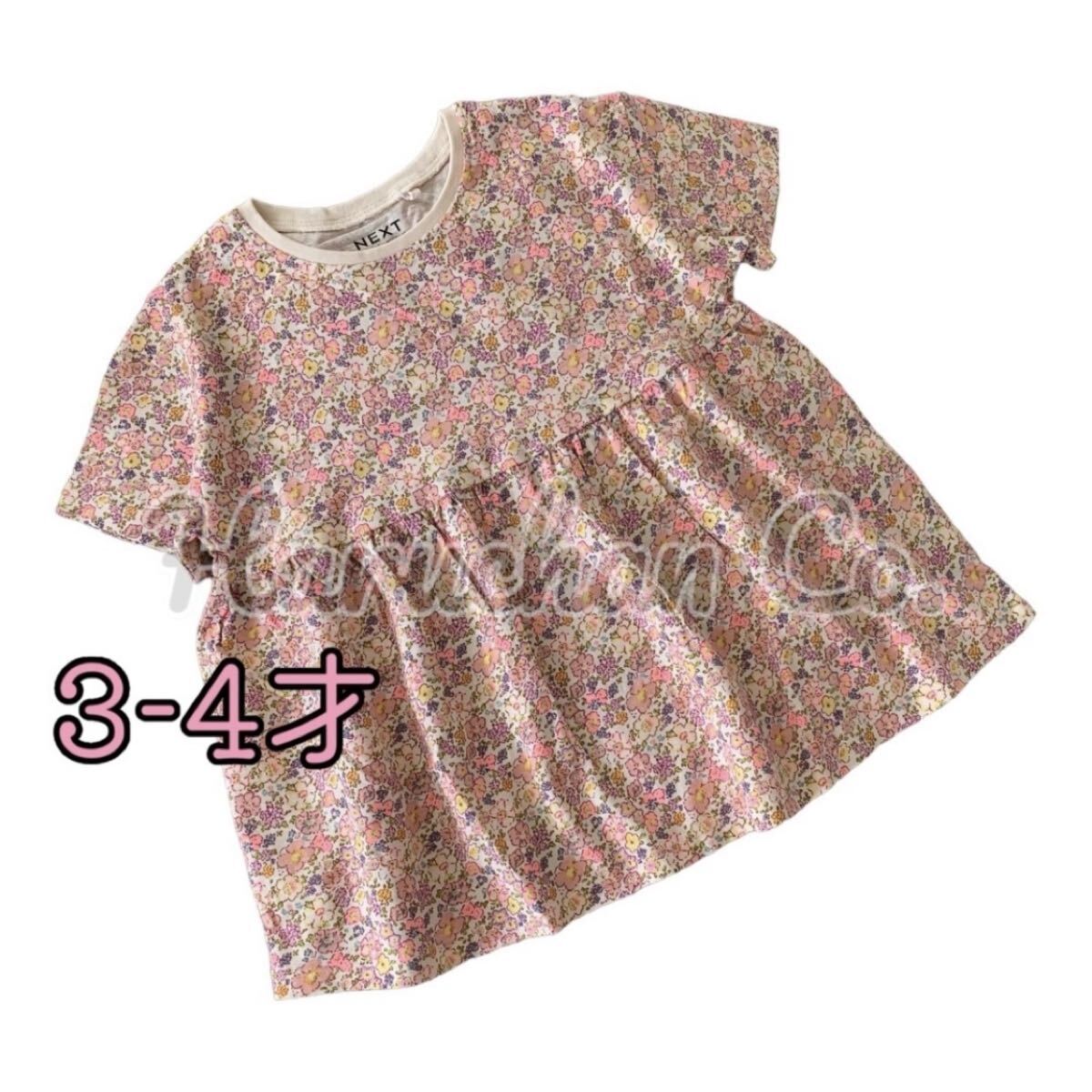 ●未使用●3-4才　ピンク花柄　フレアトップス_画像1