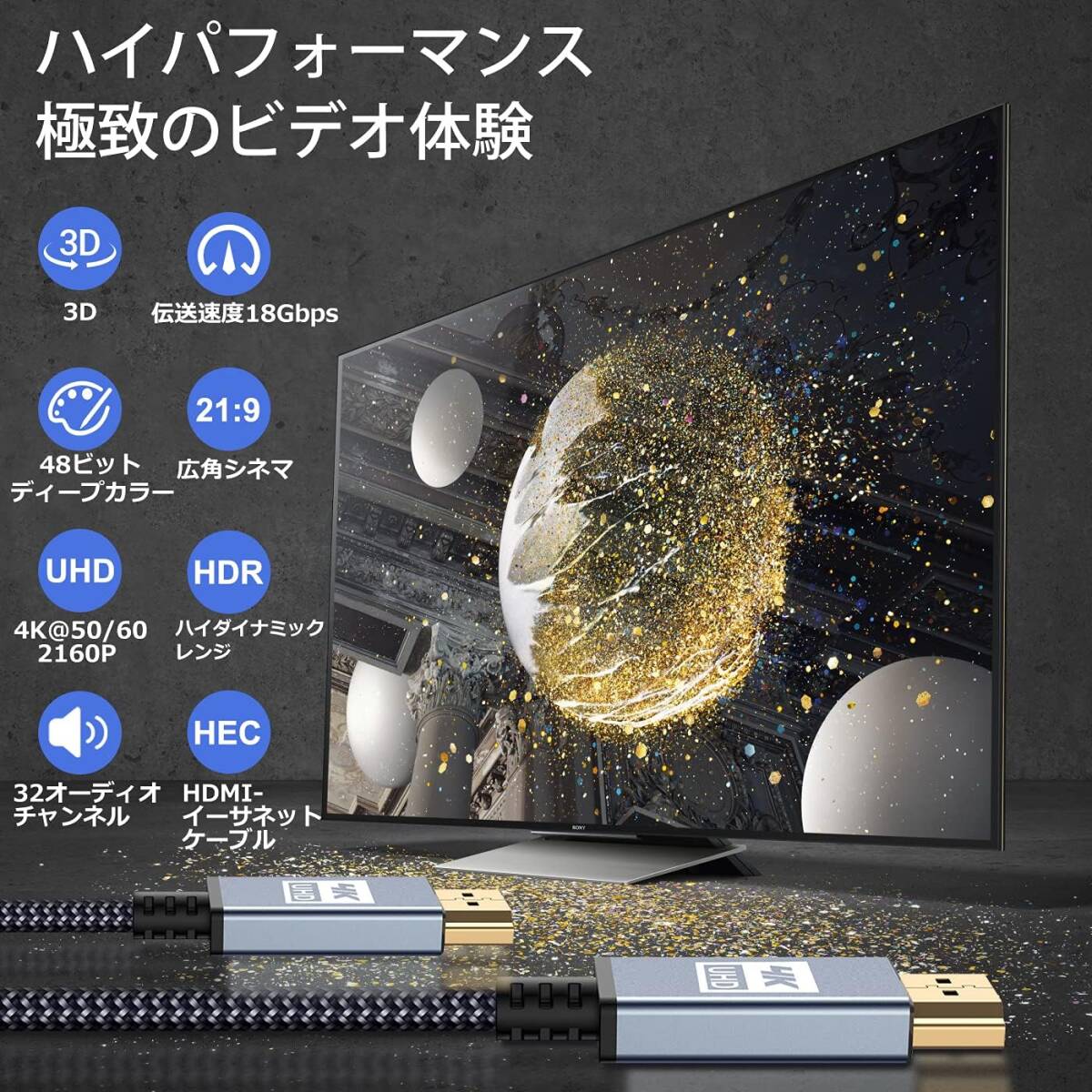 4K HDMI ケーブル 5m【ハイスピード アップグレード版】 HDMI 2.0規格HDMI Cable 4K 60Hz 対応 3840p/2160p UHD 3D HDR 18Gbps (グレー)_画像3