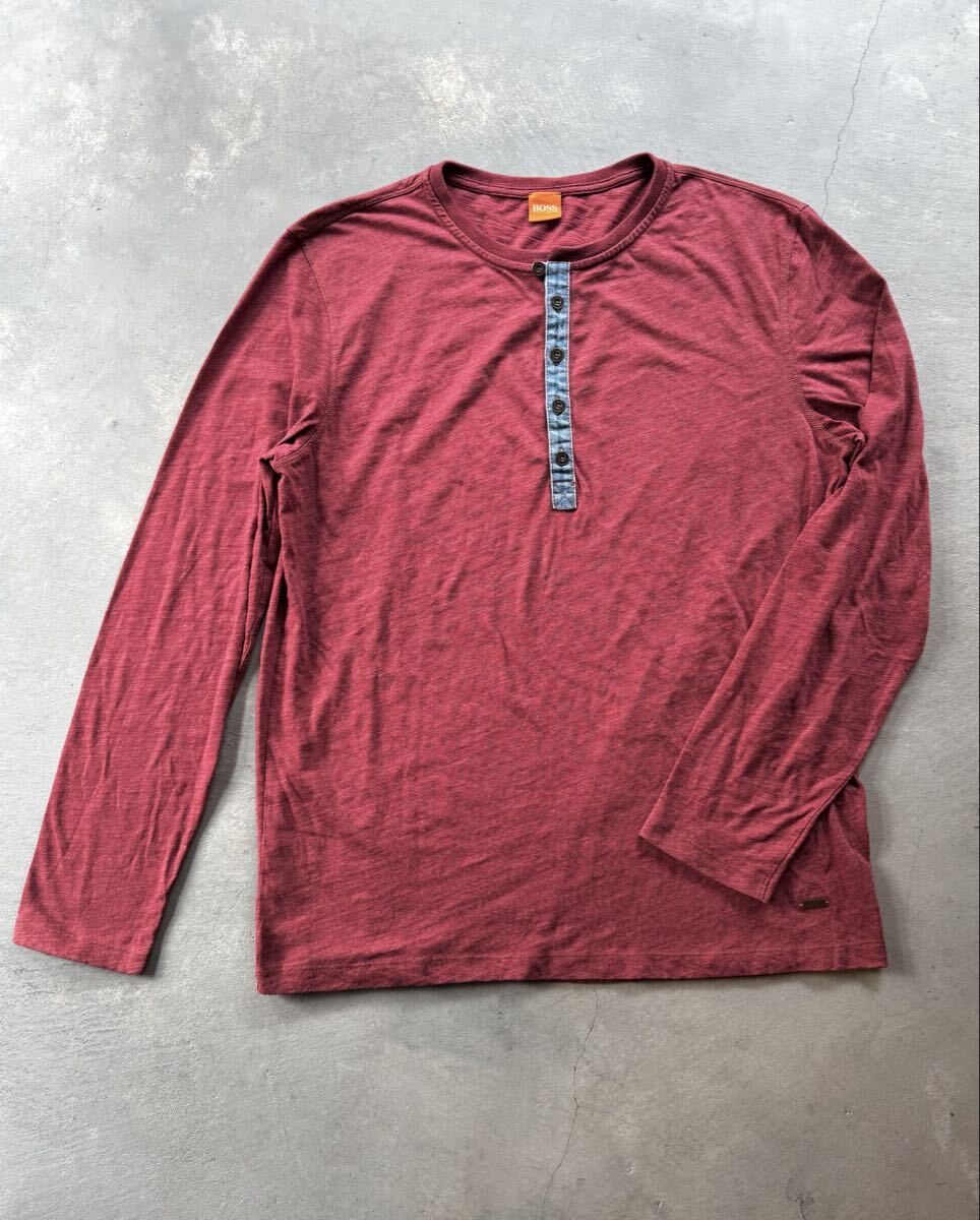 美品 HUGO BOSS ORANGE デニム 切替え ヘンリーネック カットソー XL バーガンディ インディゴ メタルボタン ヒューゴボス ボスオレンジ_画像1