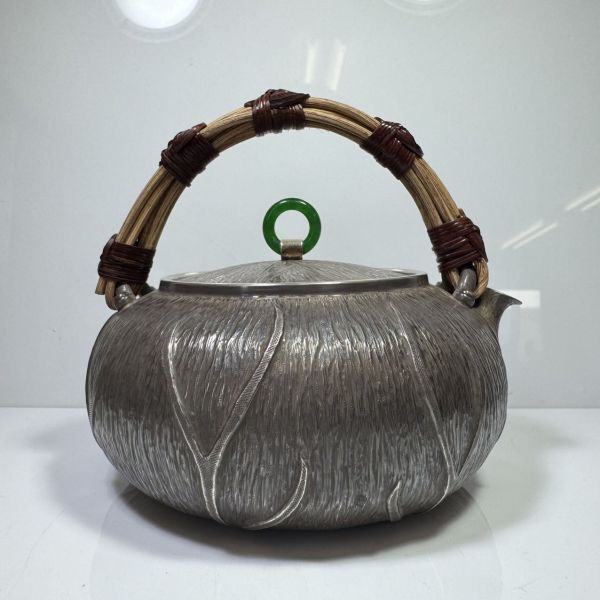 純銀製 薬缶 貴石摘 藤手 銀瓶 美術品 煎茶 長さ約14.5