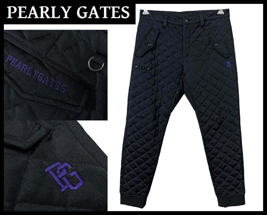送料無料 名作 PEARLY GATES パーリーゲイツ PG89 ロゴ 刺繍 GOLF ゴルフ 中綿 防寒 キルティング 裾リブ ジョガー パンツ 黒 ブラック 4 _画像1
