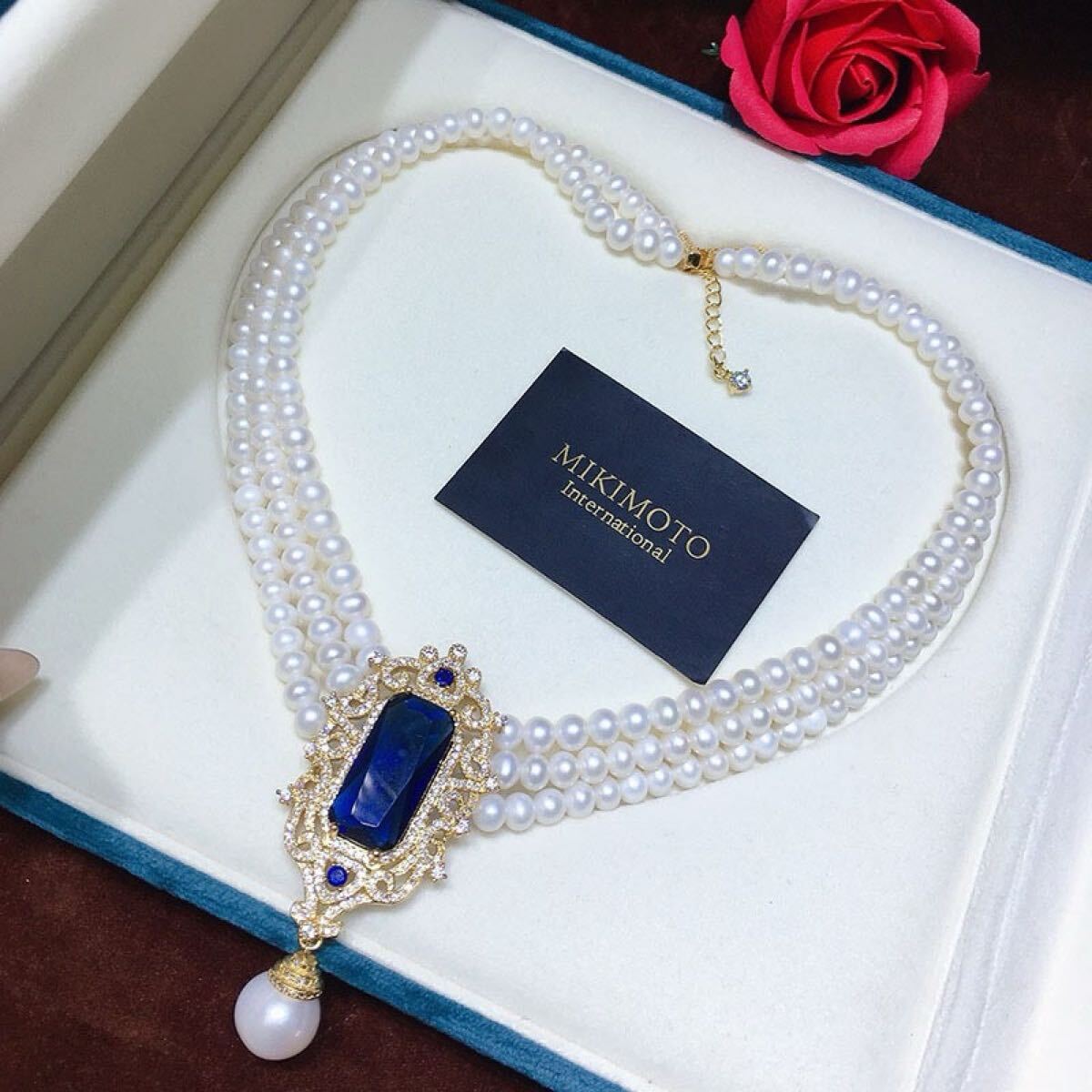 パールネックレス淡水真珠　本真珠　6-7mm 3層藍宝石ペンダント付き_画像1