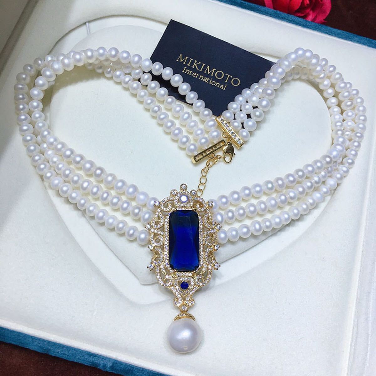 パールネックレス淡水真珠　本真珠　6-7mm 3層藍宝石ペンダント付き_画像2