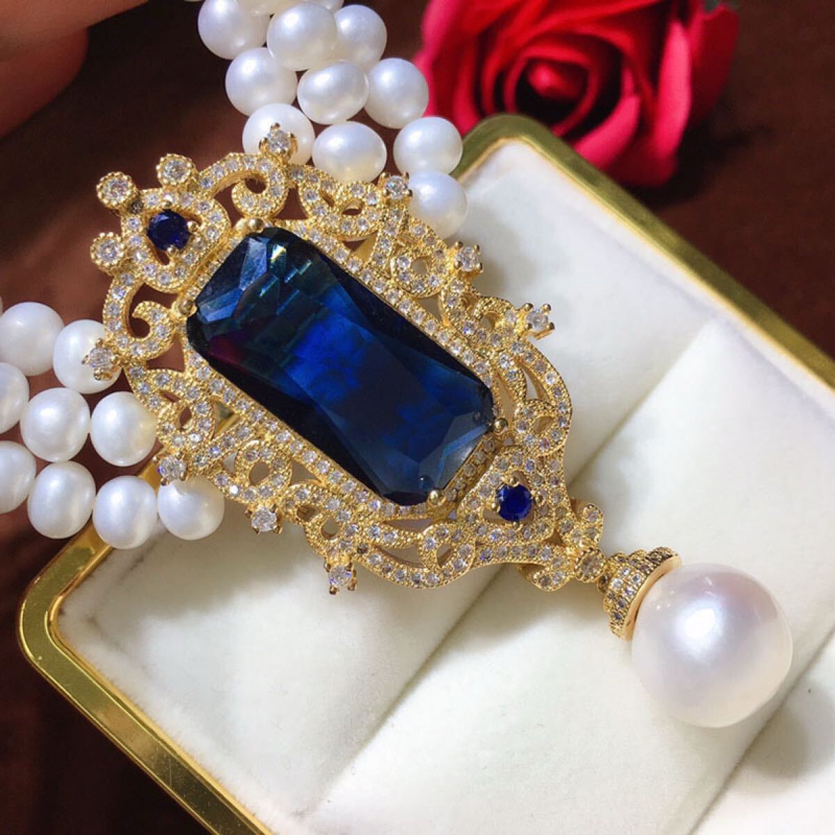 パールネックレス淡水真珠　本真珠　6-7mm 3層藍宝石ペンダント付き_画像3