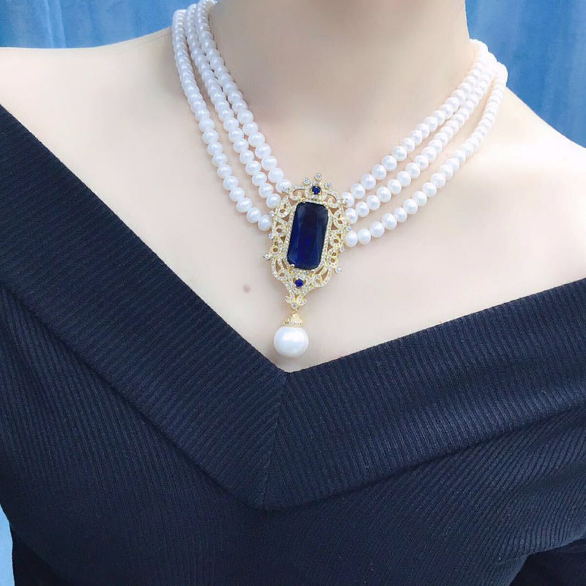 パールネックレス淡水真珠　本真珠　6-7mm 3層藍宝石ペンダント付き_画像4