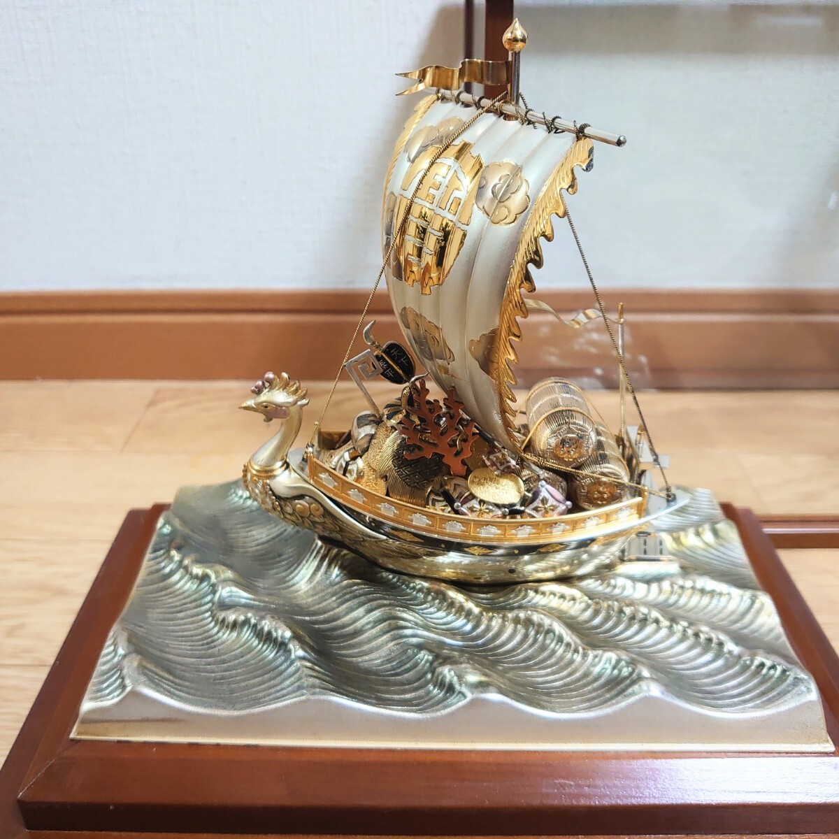 銀製 宝船(鳳凰) STERLING960刻印 関工芸 武比古 ケース付 縁起物 1円スタート】関 武比古 鳳凰 銀製 宝船 STERLING 960 刻印有り