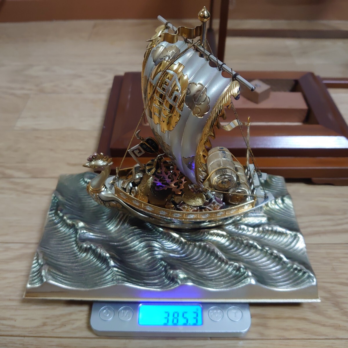 銀製 宝船(鳳凰) STERLING960刻印 関工芸 武比古 ケース付 縁起物 1円スタート】関 武比古 鳳凰 銀製 宝船 STERLING 960 刻印有り