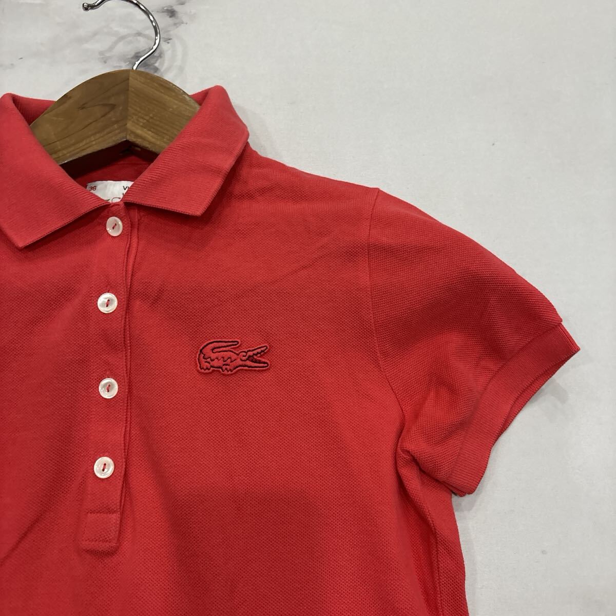 Y ＊ 日本制 'ビッグワニ刺繍' LACOSTE ラコステ 半袖 鹿の子 ポロシャツ 38 レディース 婦人服 トップス 