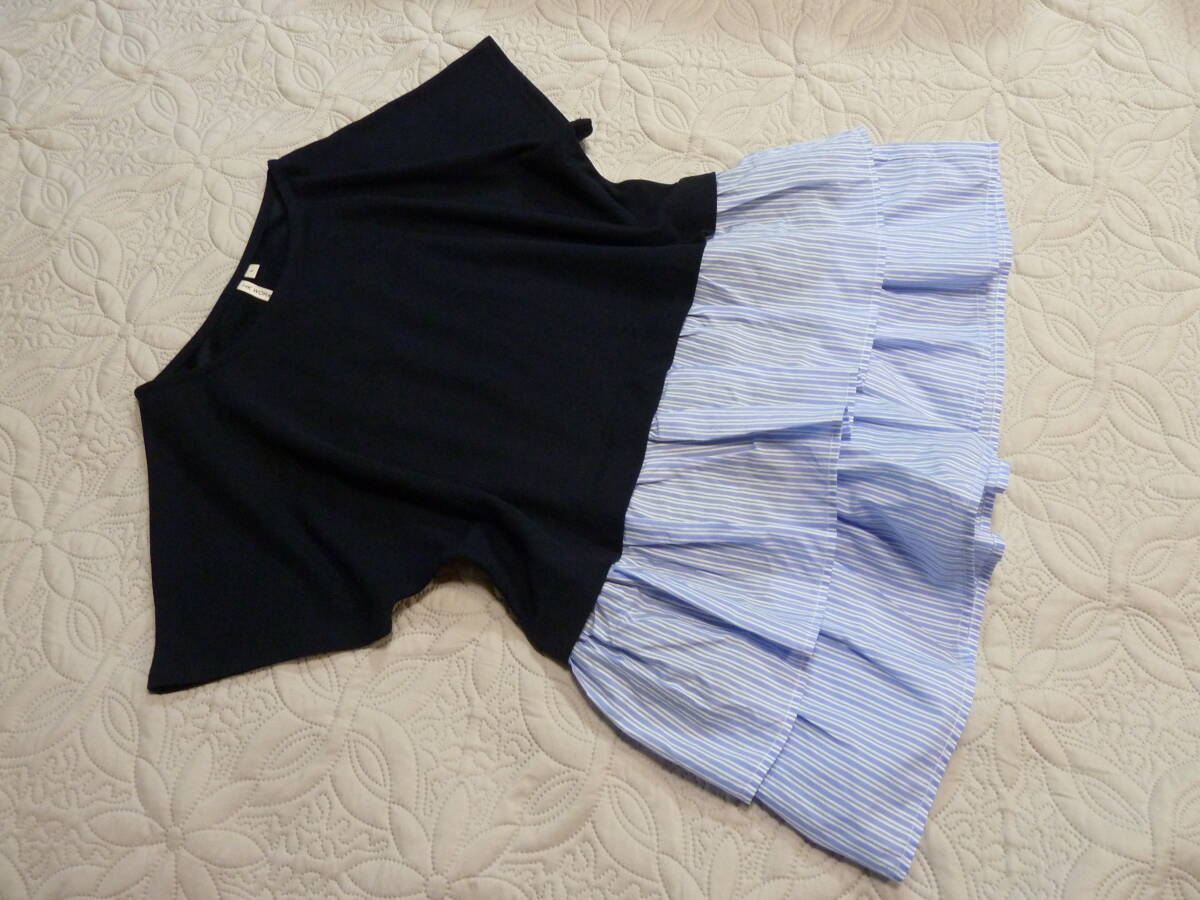 春夏 1回著用 美品 HK WORKSLONDON ネイビーX水色白ストライプ 2段フリル 異素材 ドルマン プルオーバー L LL ゆうパケ300円発送 同梱OK